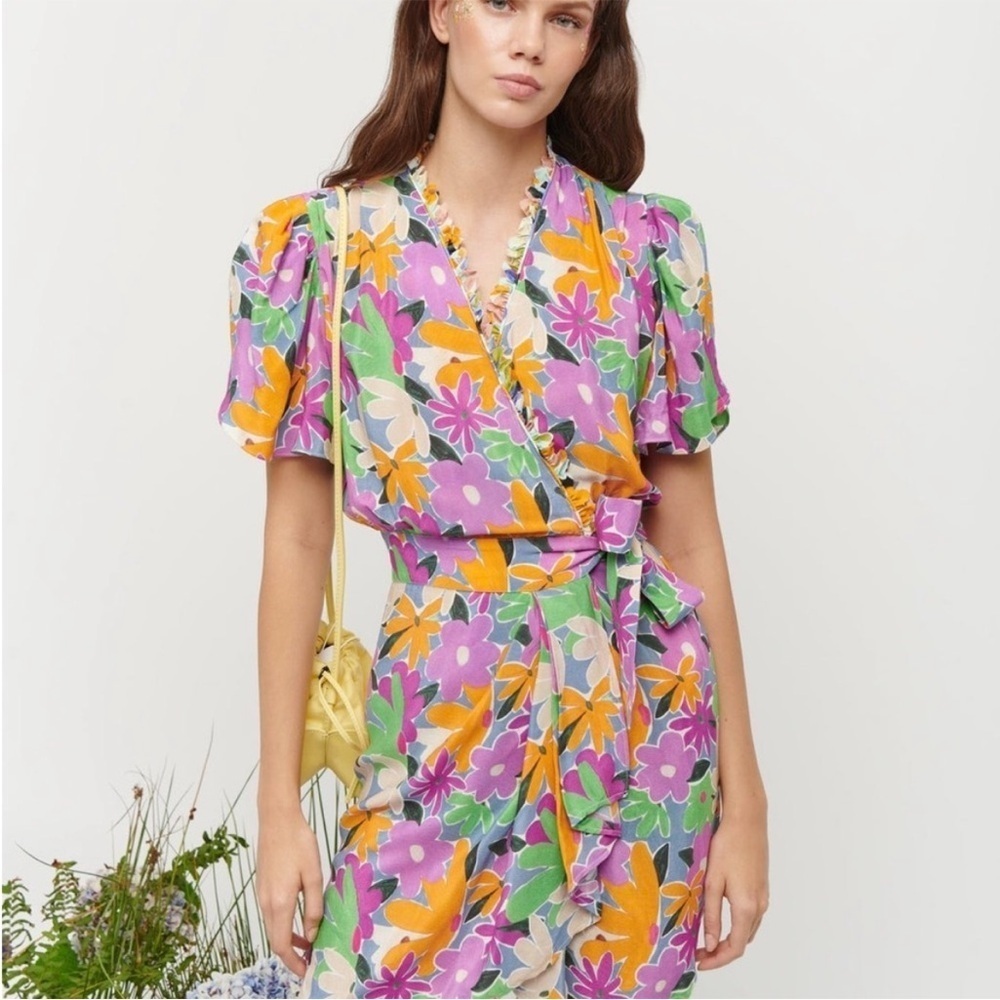 Celia B Liska Wrap Dress Floral Vneck Sundress Purple Green Short Sleeve L NEW